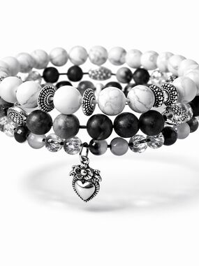Hand Crafted Black & White Beaded Bracelet Stack with Heart Charm